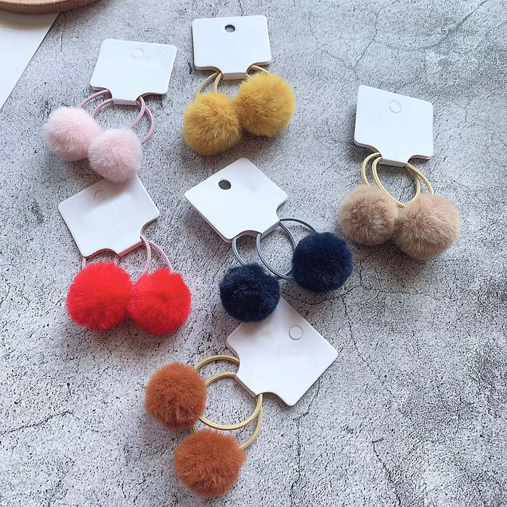 Juego de 2 unids/set de bolas de pomp&oacute;n de 3cm, Cuerdas el&aacute;sticas para el pelo para ni&ntilde;a, lazos para el pelo de bola de piel de conejo, bandas el&aacute;sticas para el pelo de invierno para ni&ntilde;a-2