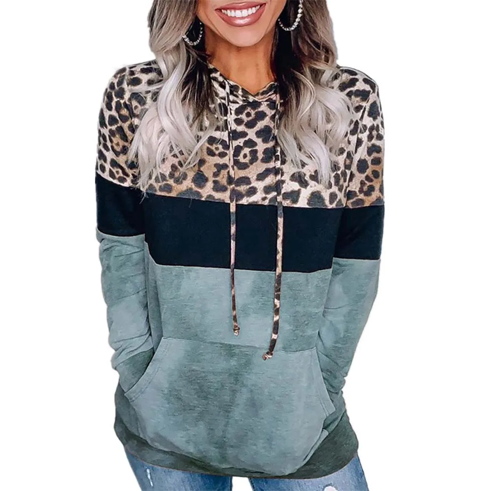 

Leopard Printed Hoodies for Women Big Pocket Long Sleeve Stitching Casual Pullover Bandage Hooded Loose Ladies Sweatshirt