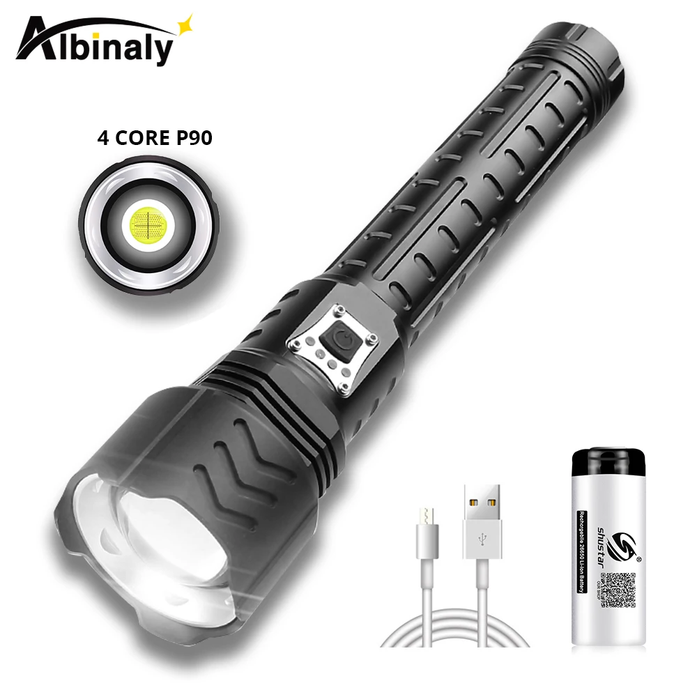 

Сверхъяркая 4-ядерсветодиодный светодиодная вспышка P90 с дисплеем аккумулятора, портативный уличный водонепроницаемый светильник, подходи...