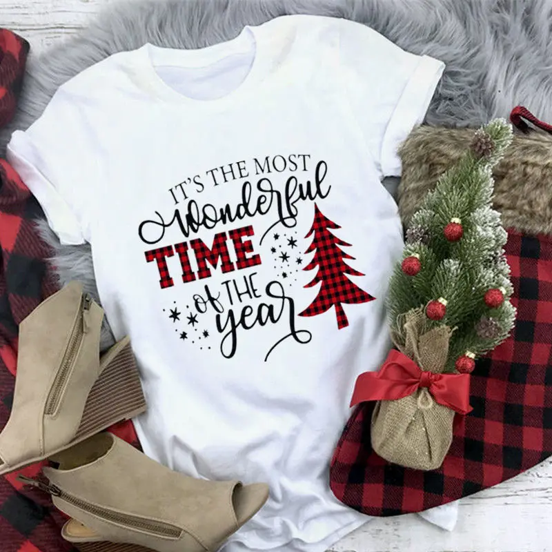 

It's the most wonderful time women plaid print christmas tshirt women white clothes vogue short sleeve christmas T Shirt tops