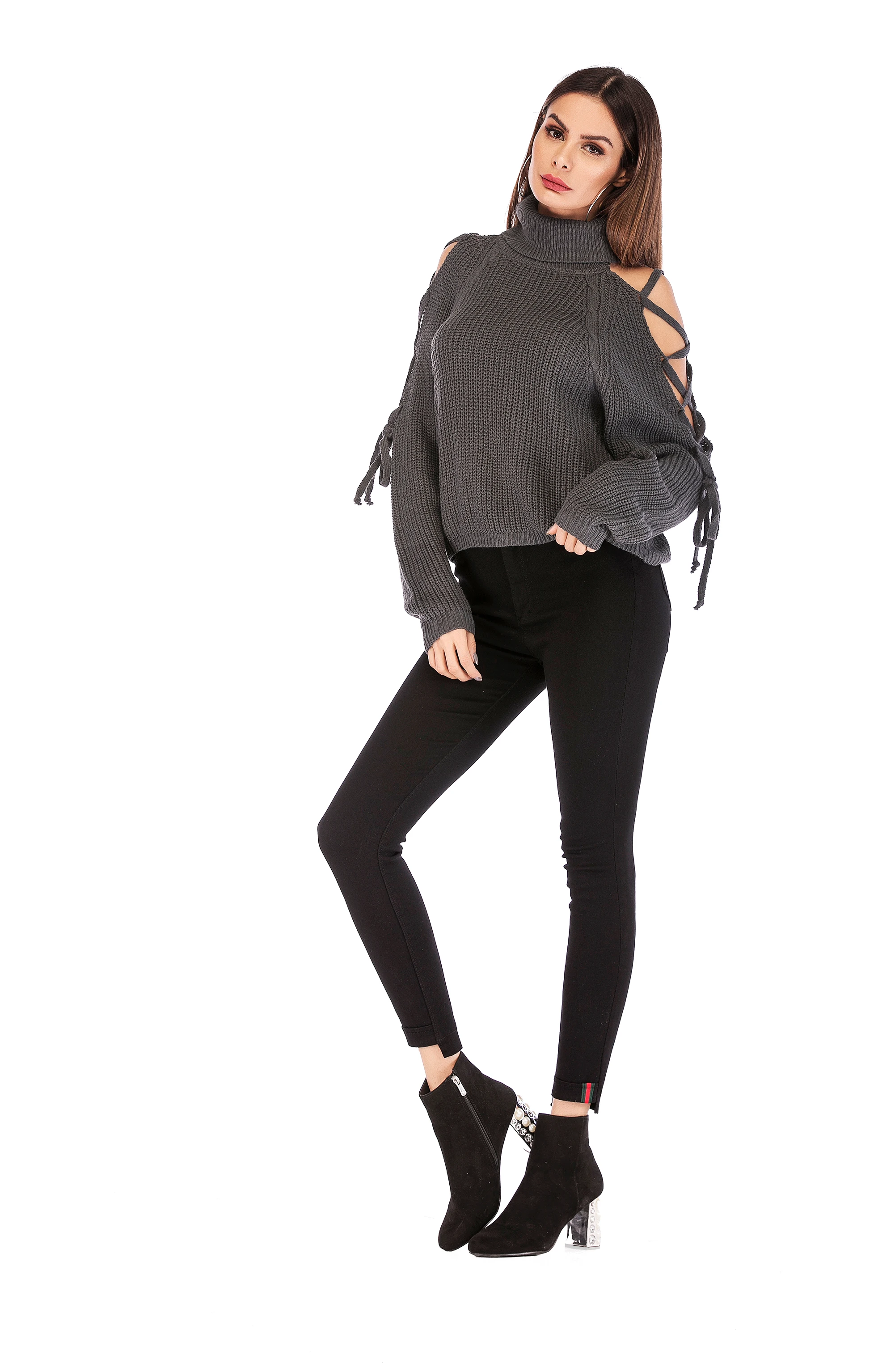 

Autumn Winter Turtleneck Off Shoulder Knitted Lace Up Sweater Women Solid Slim Plus Size Pullover Jumper Ladies Sexy Casual Tops
