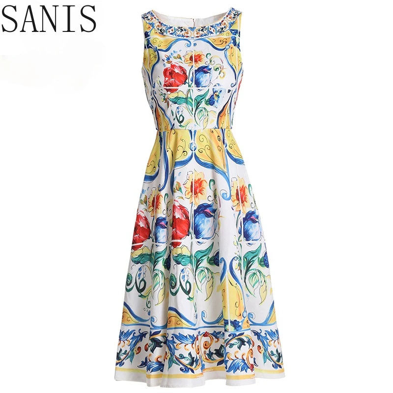 

Sanis 2021 Summer New Fashion Runway Dress Women's Sleeveless Tank Gorgeous Floral Printed Dress vestido