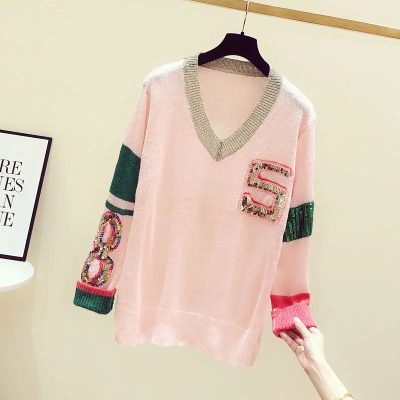 

2021 Spring and Autumn Sweater Women 's New Color Matching Sequin Bead V-neck Long Sleeve Pullover Sweater