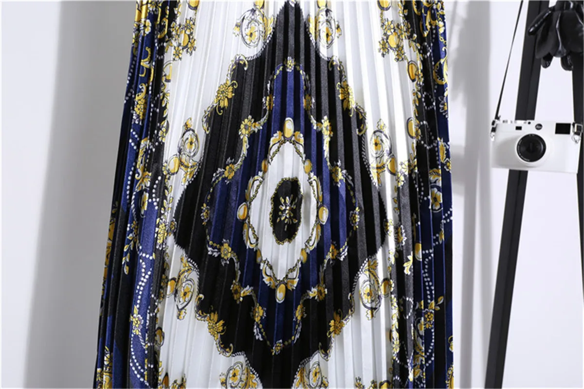 

Ethnic Style Pattern Pleated Skirt Girl Female Long Skirt Elastic Waist Printed Harajuku Skirt 2020 Autumn Ins A Word Skirt