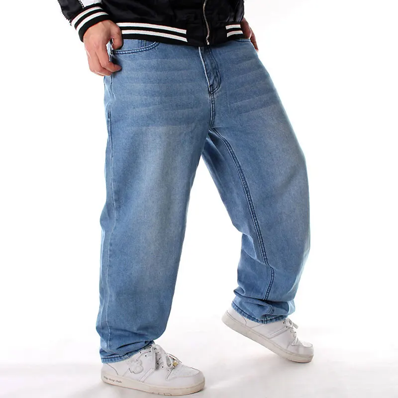 Men's jeans denim trousers streetwear hip-hop light blue leg pants 30-46 size