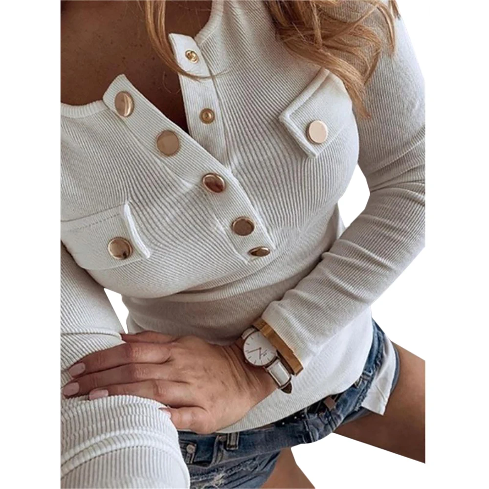 

Sknny Knitwear Women Top Shirt Ladise Shirts Long Sleeve Top Women Clothing Pocket Button Knitted Top Autumn Knitwear Pullovers