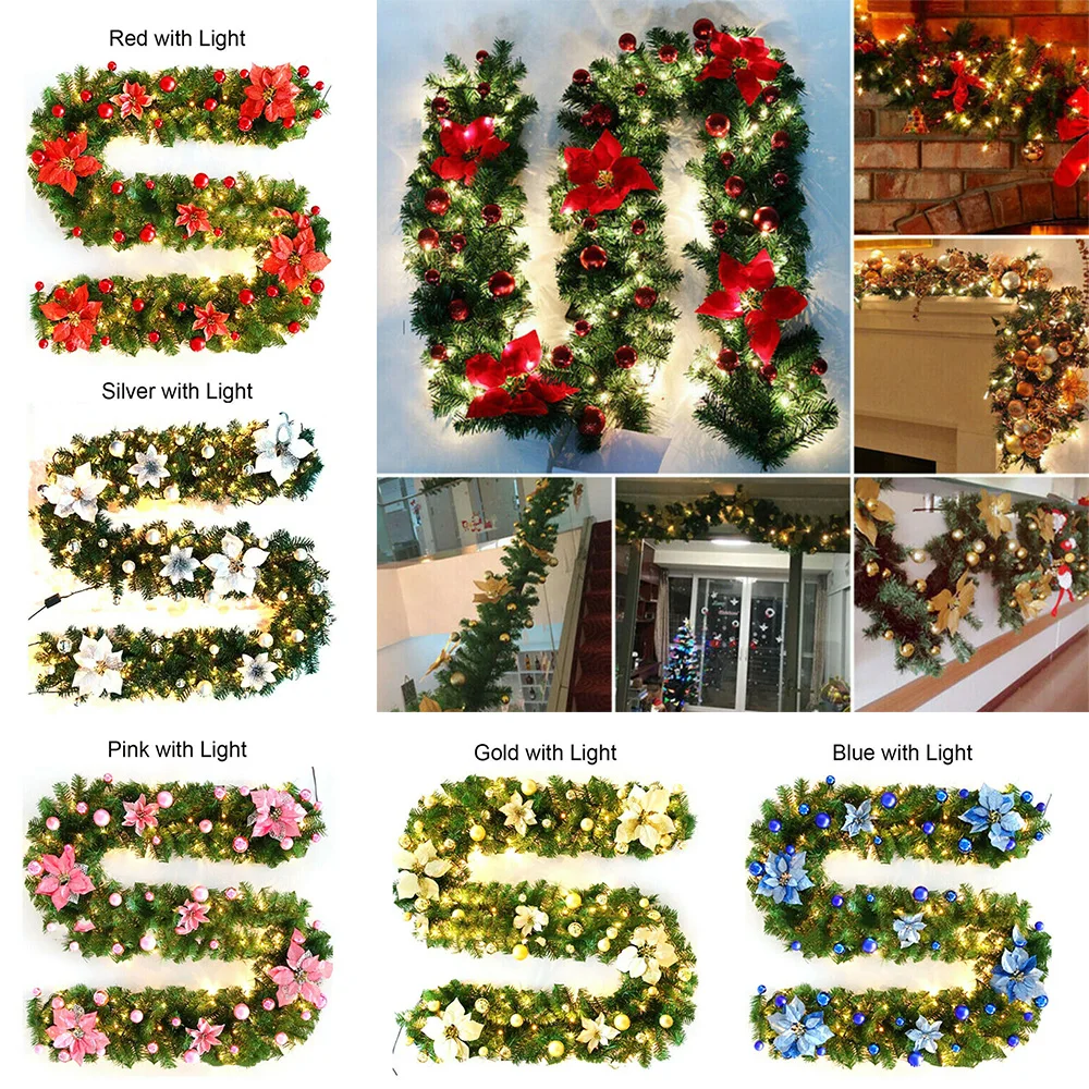 

Christmas Garland Light Pine Pre-Lit Artificial Wreath Decor With Light Blue Gold Silver Pink Red LED Rattan Decorative Light