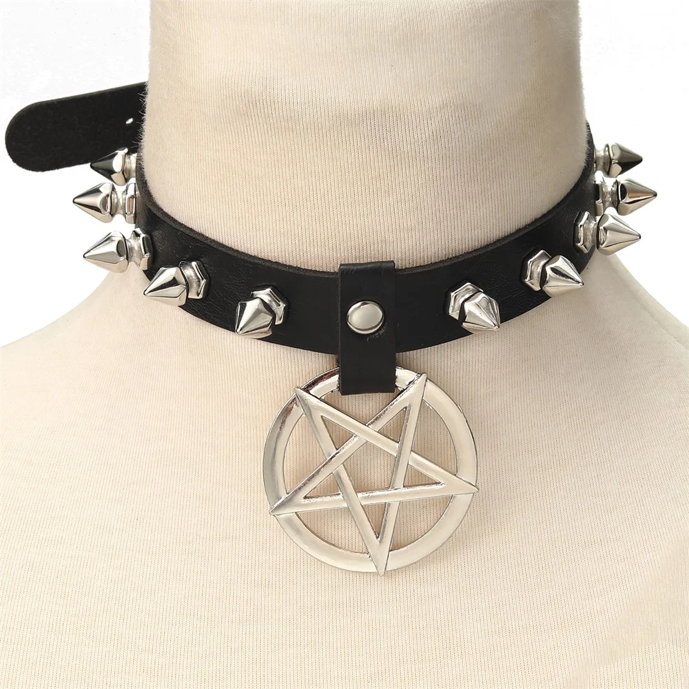 Goth пентаграмма ожерелье шипами ошейник черный искусственная кожа чокер в