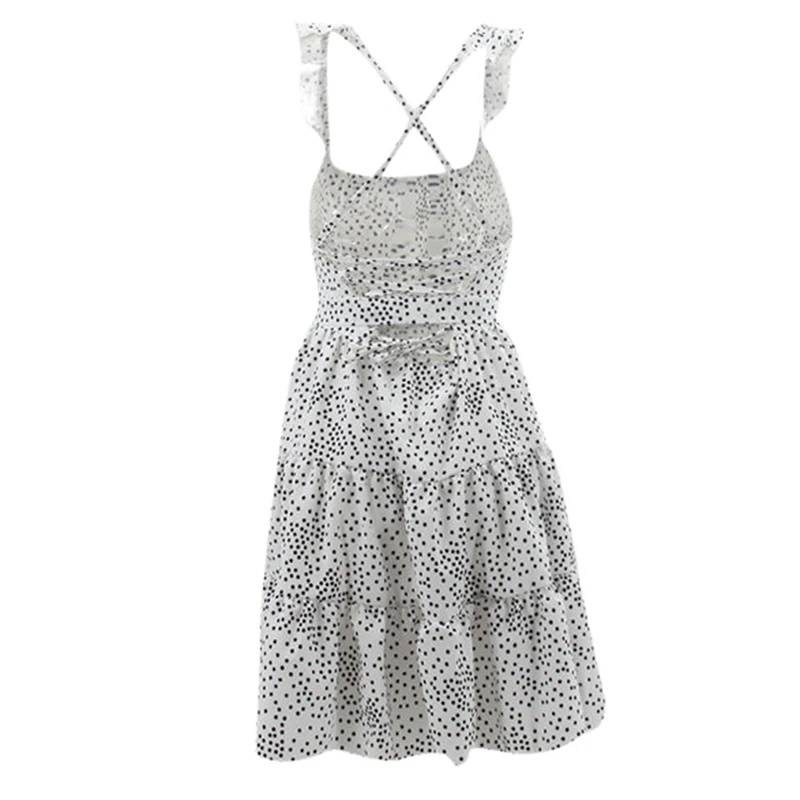 

Spaghetti Strap Dress Women Polka Dot Ruffle Hem Dress Female Sexy Backless Holiday Beach Dress Ladies Lace up Party Vestidos