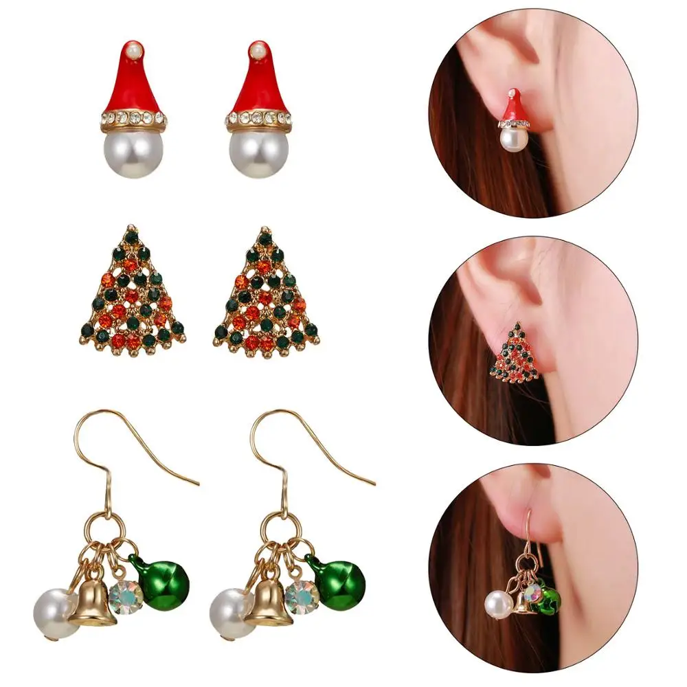 

Rinhoo 3 Pairs/set Christmas Earrings Christmas Hat Christmas Tree Bells Earrings Xmas New Year Gift For Women