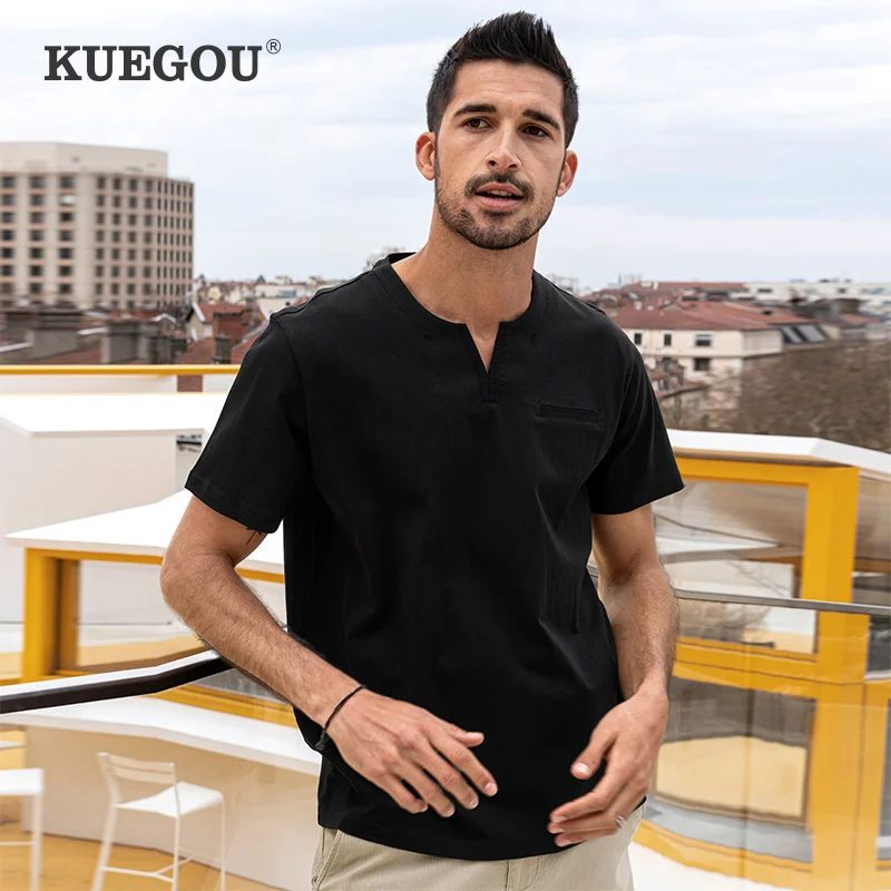 

KUEGOU 100% Cotton Tee V-Neck Men's T-shirt Short Sleeve Fashion Solid Color Tshirt Summer High Quality Top Plus Size ZT-90031