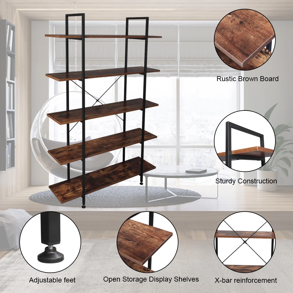 

US Warehouse5-Tier Industrial Bookcase and Book Shelves, Vintage Wood and Metal Bookshelves, Retro Brown