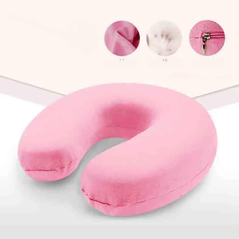 pink Дорожная подушка для шеи, для путешествий, короткая плюшевая ткань, пена с эффектом памяти, для уменьшения боли в шее, забота о здоровье шейки, постельные принадлежности, подушка для шеи в самолете - Цвет: pink