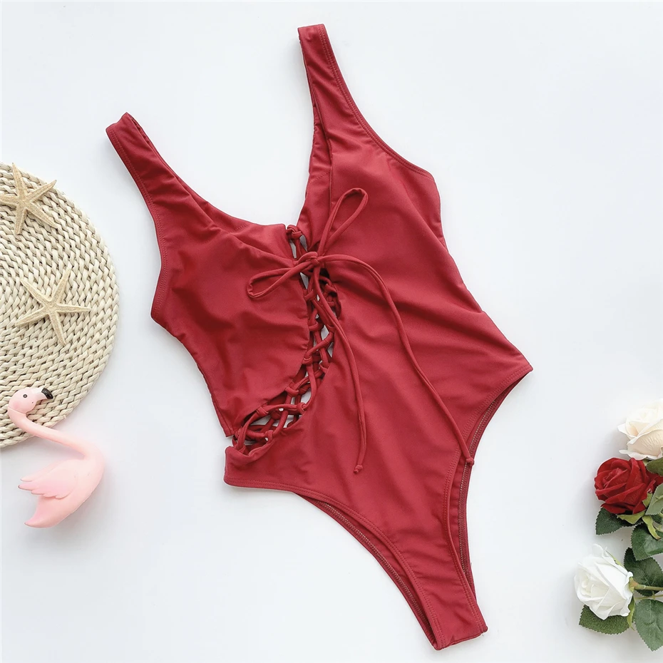 Красный открытый Бразильский купальный костюм цельный сексуальный бикини 2020