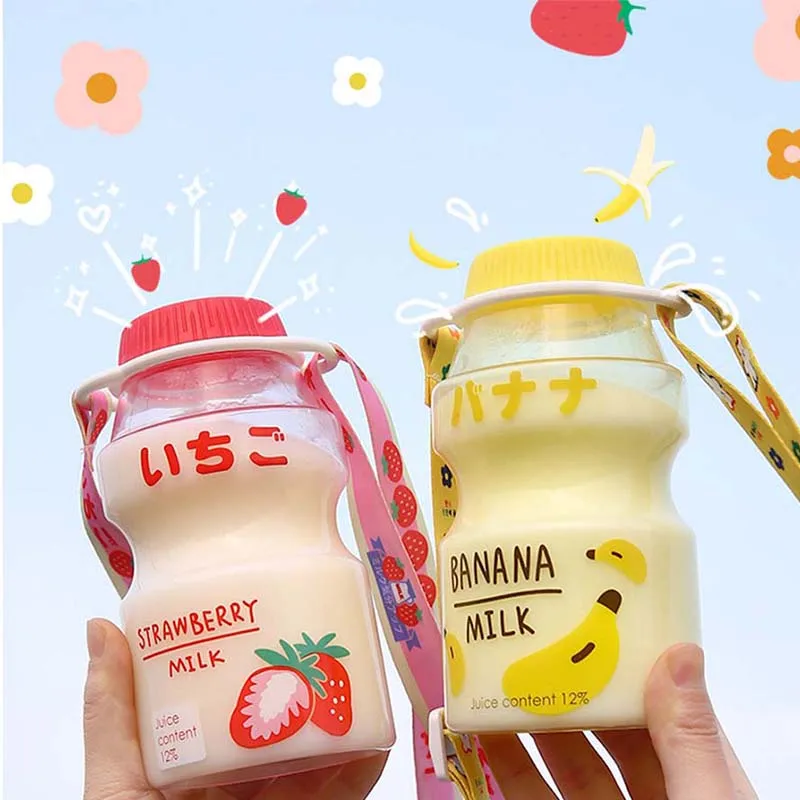 

480ml Creative Fruits Plastic Water Bottle BPA Free Cute Strawberry Milk Carton Water Bottles Portable Leakproof Drinking Bottle