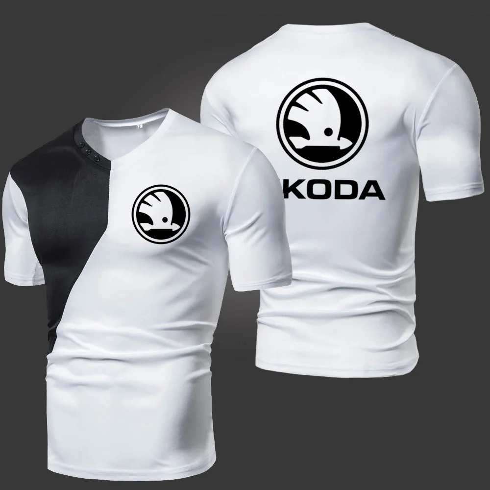 

2021 New Skoda Men's T-Shirts Solid Color Splicing Casual Breathable Sports Fitting Short Sleeve V-Neck Fashion Printing