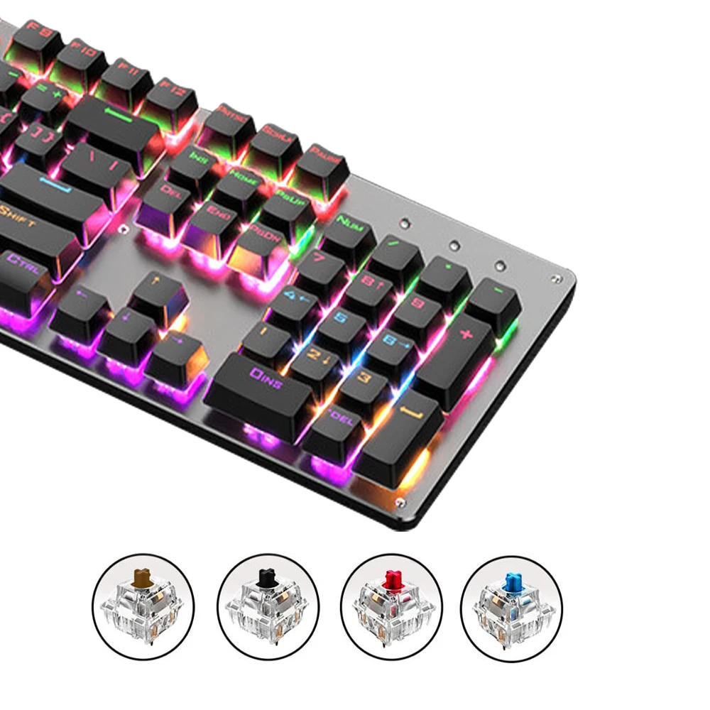 Игровая механическая клавиатура проводная USB с синим и красным переключателем 104