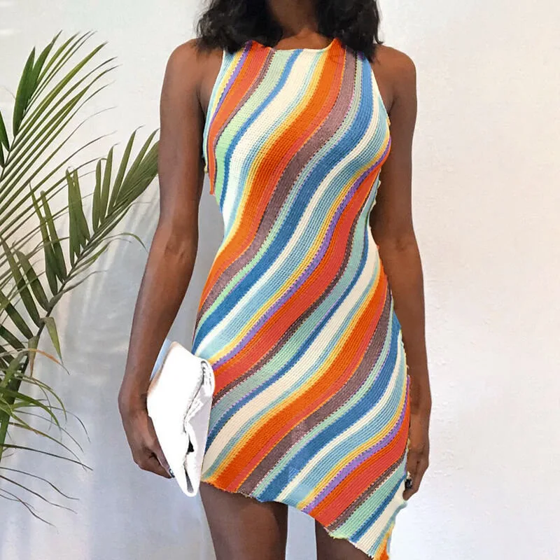 

2021 Rainbow Striped Knitted Mini Dress Sexy Summer Sleeveless Asymmetrical Bodycon Dress Women Short Beach Party Sundress