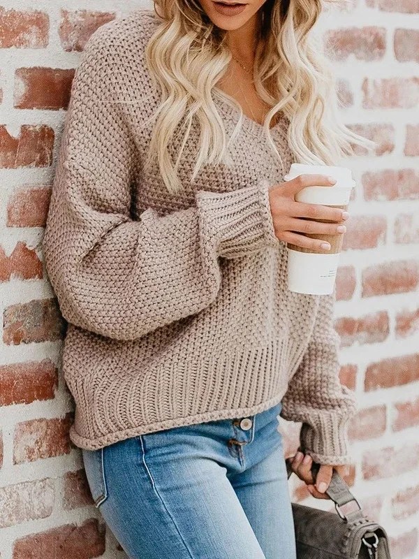 

2020 cross-border Wish fall/winter women's loose knit V-neck sweater