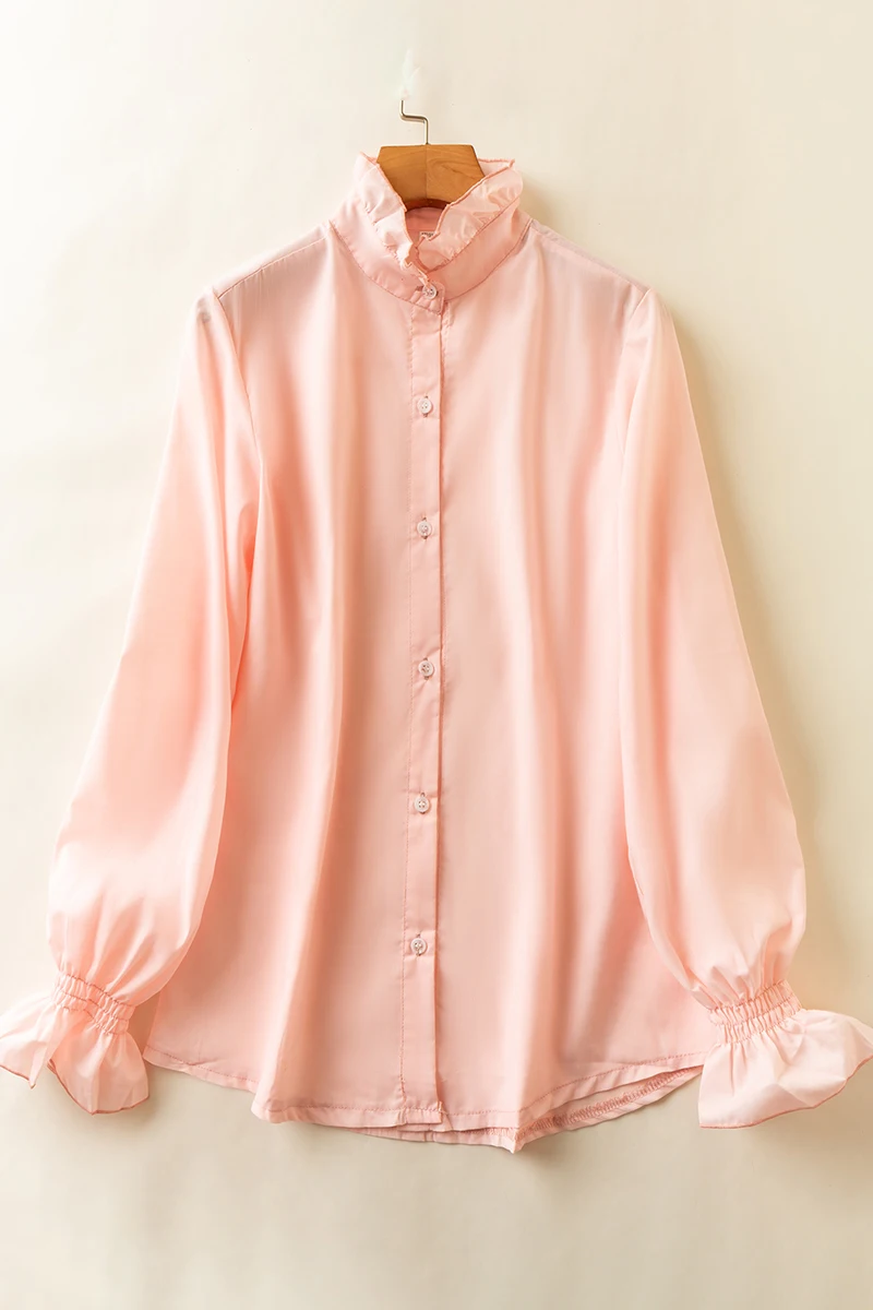 

Spring and summer fashion women's all-match temperament stand-up collar sweet petal edge solid color slim shirt