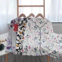 2021 new spring and autumn ladies pure cotton simple floral loose pajamas cover printing long sleeved home service two piece set