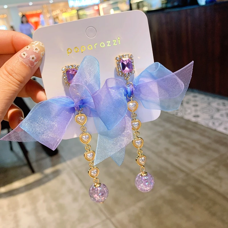 Корейские милые длинные висячие серьги фиолетового цвета из пряжи с бантом в