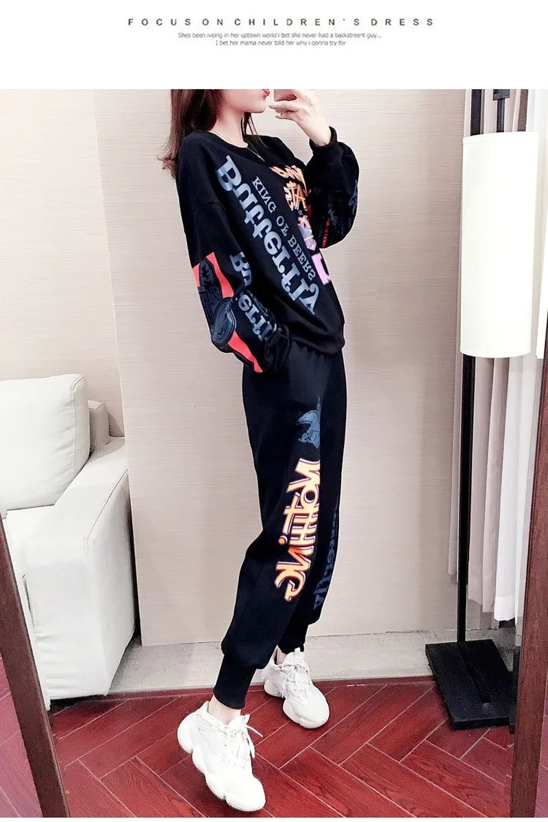 

Autumn Winter New Long Sleeve Women Set Round Neck Creative Letter Print Women Sets High Street Female Tops Pants 2 Piece Suit