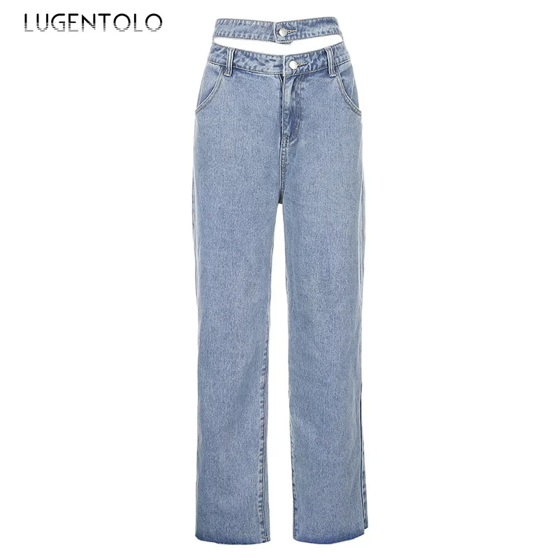 

Lugentolo Fashion Women Jeans Street High Waist Cross Double Waist Casual Solid Wide Leg Female Long LooseTrend Pants