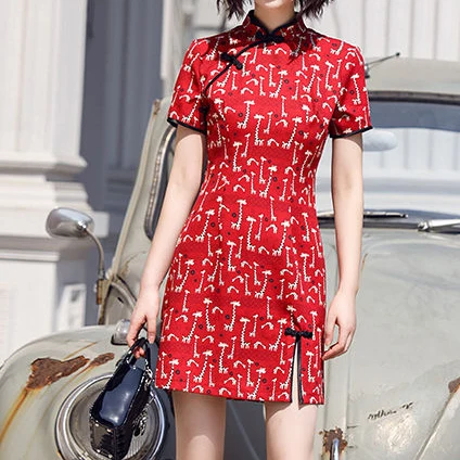 

Cheongsam young girl 2021 new new cute sweet modified dress Knee-Length Half high collar Chinese Style Sheath club dress