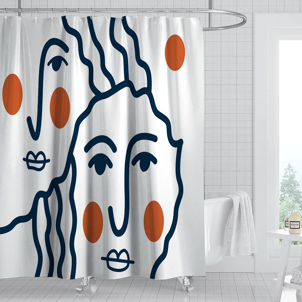 Eco-friendly polyester Korean stick figure waterproof bathroom curtain with hook shower curtain set