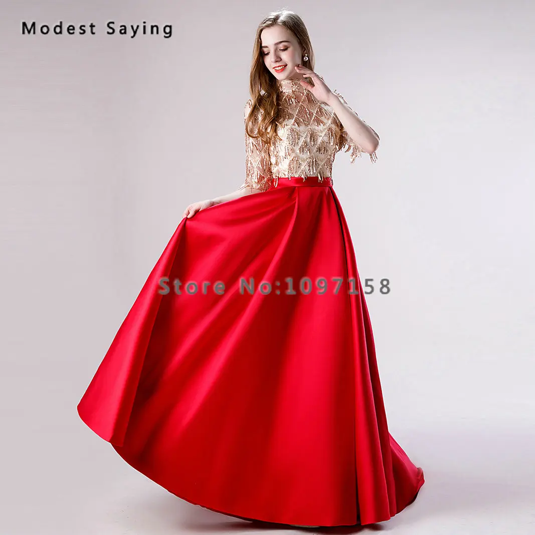 Elegant Wine Red A-Line High Neck Sequined Tassel Evening Dresses 2019 Formal Half Sleeves Lace Party Prom Gowns robe de soiree | Свадьбы и
