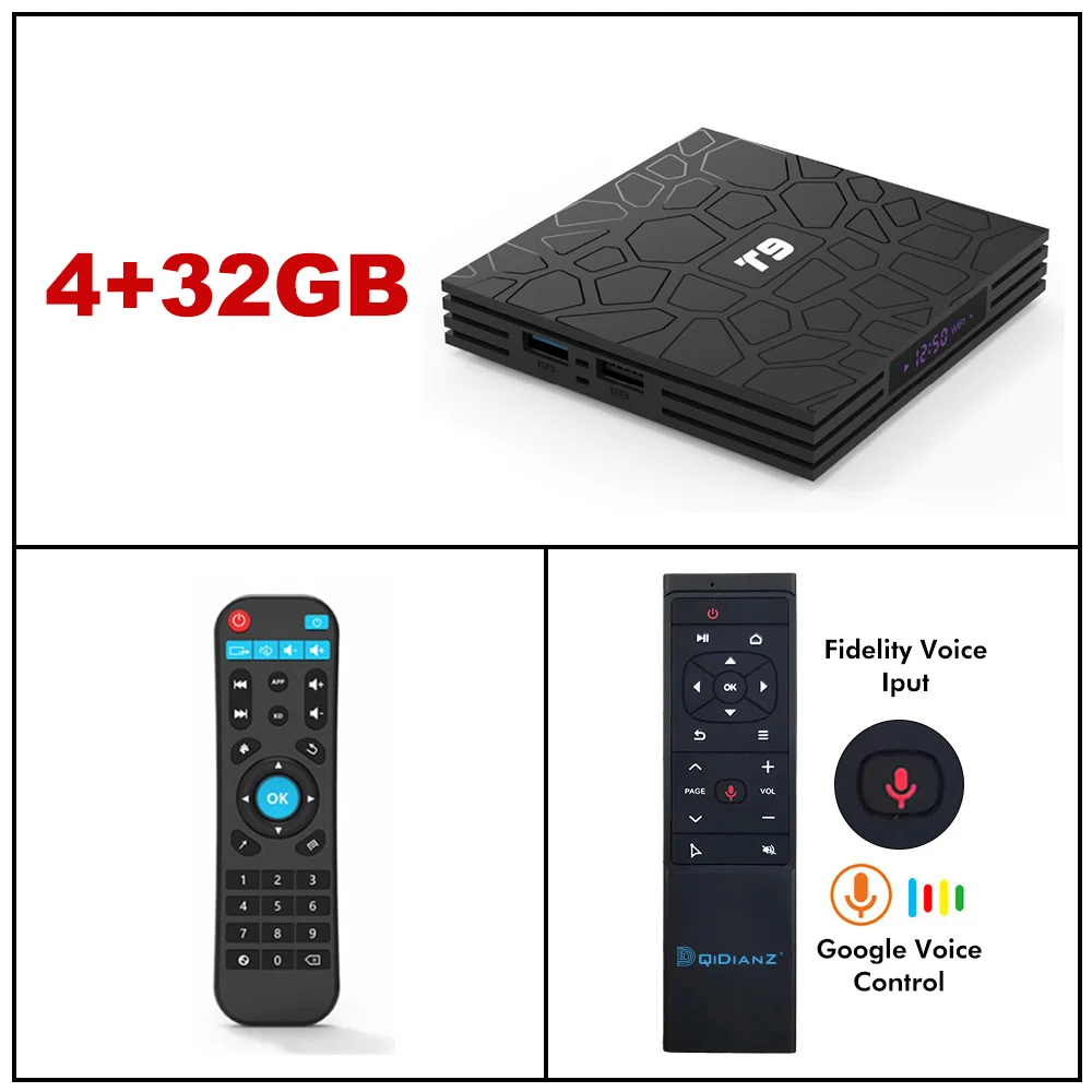 DQiDianZ Android 9,0 ТВ приставка T9 RK3318 Четырехъядерный 4G 32G USB 3,0 Smart 4K ТВ приставка Android 8,1 2,4G wifi с MT12 голосовым пультом дистанционного управления - Цвет: 4G32G VOICE CONTROL