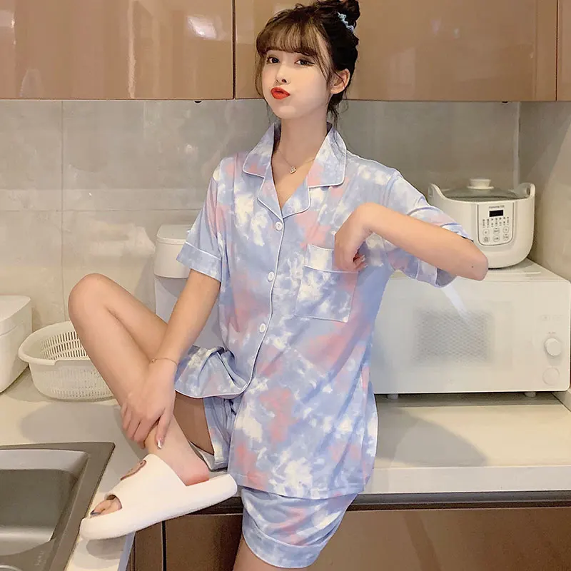 Tie-dyed Printed Nightwear Women Pajama Set Summer Short Sleeve Top and Shorts Suit Casual Loose Homewear Outside Pijamas Set