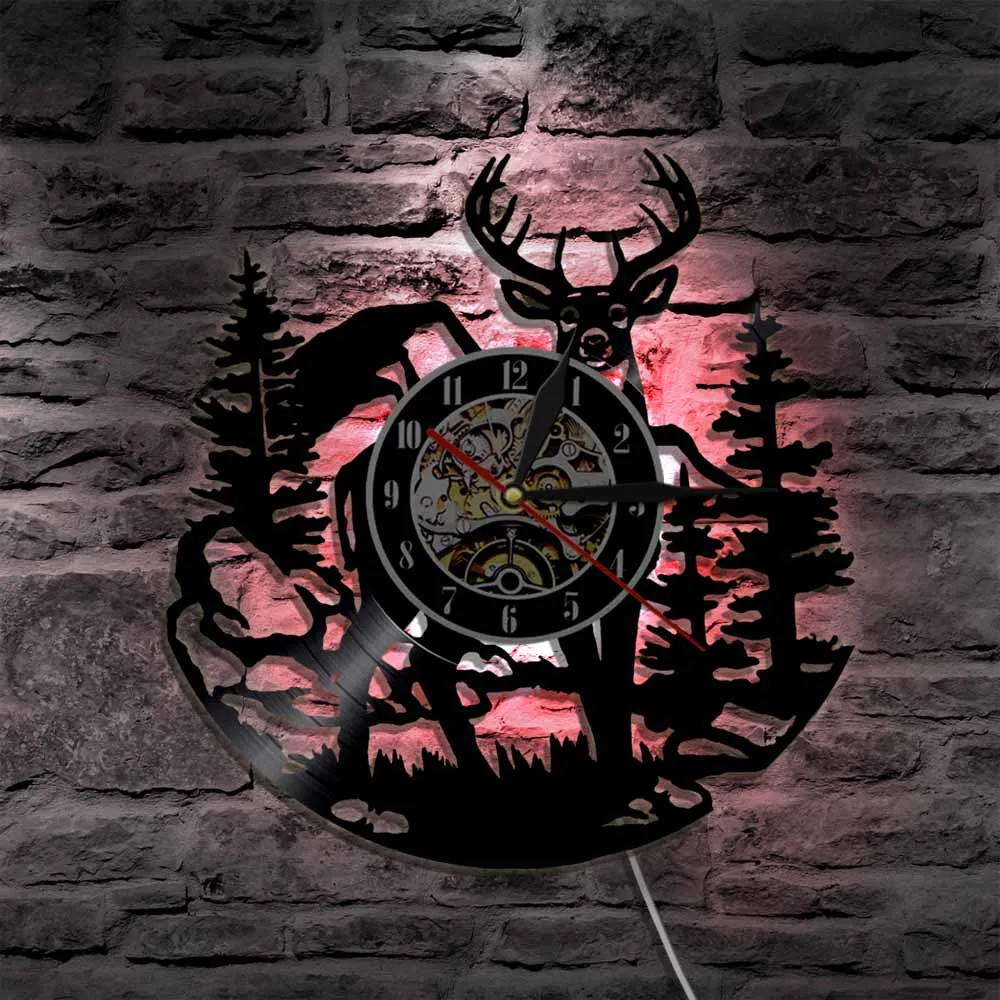 С принтом в виде березовых деревьев Лесной Олень Wall Art светодиодный часы леса Buck