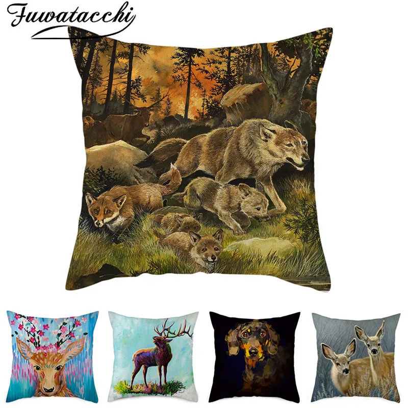 Fuwatacchi Pure Linen Giraffe Printed Cushion Cover Sika Deer Animal Photo Pillow for Home Car Sofa Decorative Pillowcases | Дом и сад