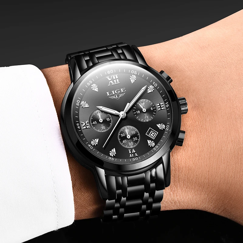 LIGE Mens Watches Top Brand Luxury Fashion Business Quartz Watch Men Sport All Steel Waterproof Black Clock erkek kol saati+Box | Наручные