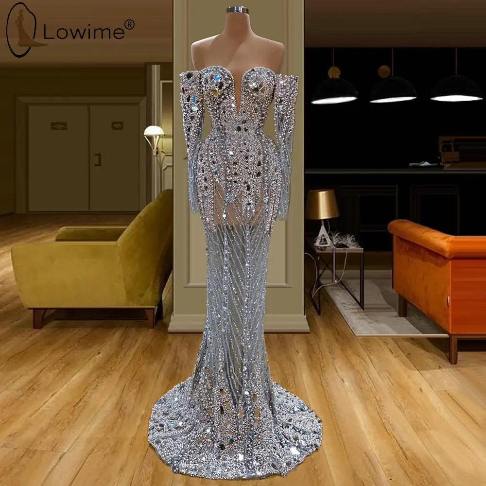 

Dubai Gorgeous Long Sleeve Illusion Beaded Crystal Long Evening Dresses Mermaid Sweetheart Neck Robe De Soiree Prom Party Gowns