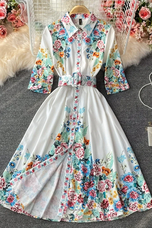 

2021 Summer Floral Half Sleeve Single Breasted Long Dress Chic Elegant Turn Down Collar A Line Dress Ladies Streetwear Vestidos