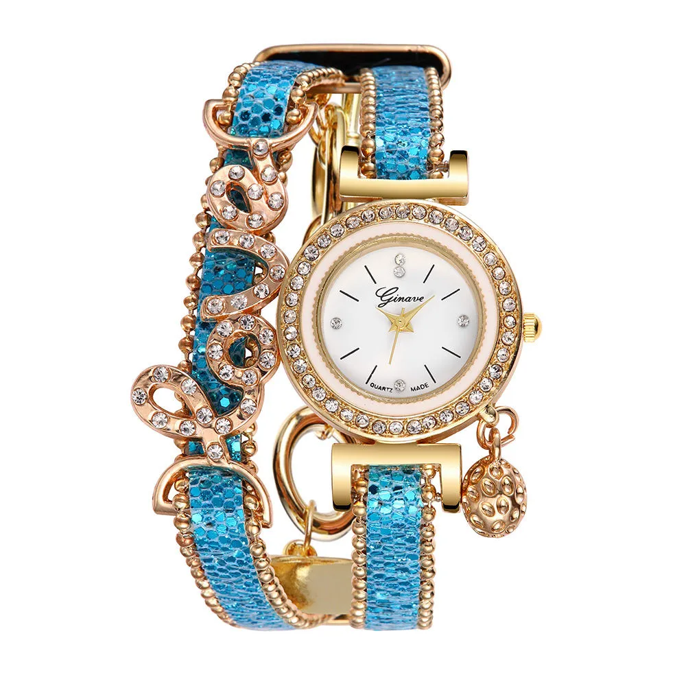Blue GENEVA, Топ бренд, женские часы-браслет, женские часы с кожаным ремешком, стразы, кварцевые наручные часы, роскошные модные кварцевые часы W50 - Цвет: Blue