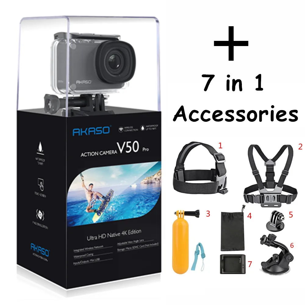 AKASO V50 PRO 4K Cam 30FPS с сенсорным экраном, Wi-Fi, уличная спортивная экшн-камера с Els Ultra HD, водонепроницаемая DV 20M+ палка для селфи, подарки - Цвет: with 7 in 1