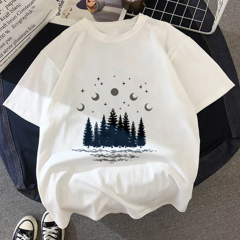 

O-neck White Top Female Streetwear Clothing New T-shirt Dark forest Print Harajuku T shirt Women Fashion Vintage Graphics Tshirt