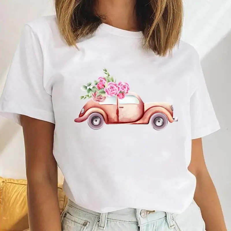 

Women Tees Female Flower Truck Valentine Cute Fashion Clothes Cartoon Lady Print Short Sleeve Tops Graphic Tshirt T-Shirt