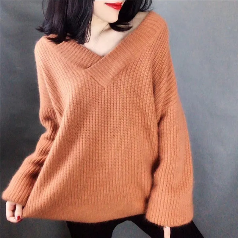 Loose Casual Lantern Sleeve Mohair Thicken Sweater Women Fashion Trend Simple V-neck Solid Color Pullover Sweater