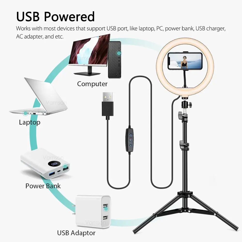 

Vamson 10 Inch Ring Light for Tripod and camera Holder for Video Photography with Stand LED Camera Selfie Light Ring VLS06A