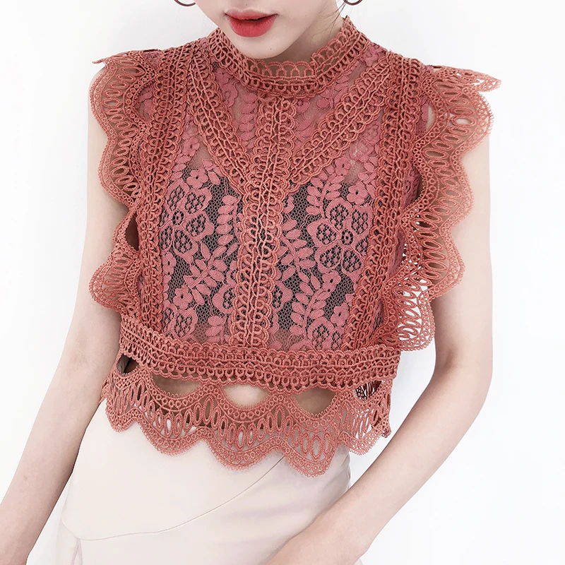 Новинка весна лето 2020 милые кружевные топы блузки с оборками рубашки без рукавов