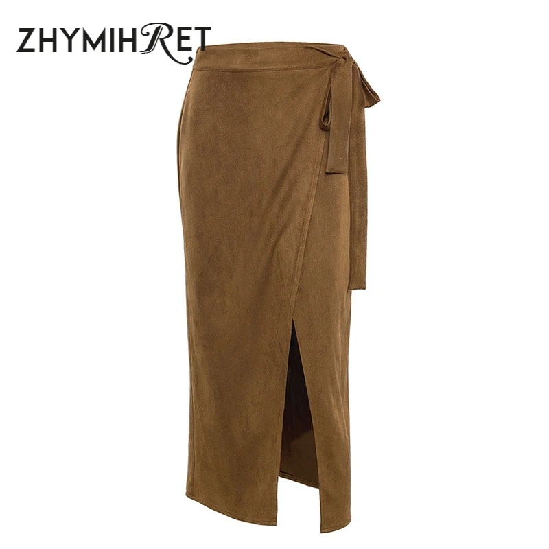ZHYMIHRET элегантные Разделение миди юбка с высокой талией для женщин 2019 осень зима