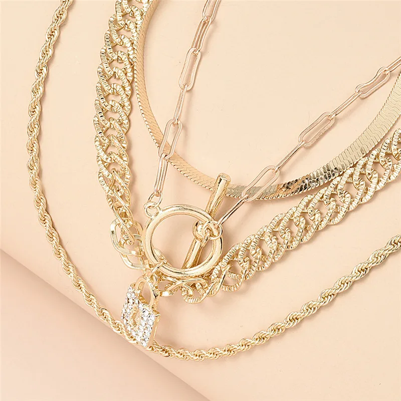

2020 Trend Multi Layer Inlay Rhinestone Lock Pendant Necklace Women Fashion Personality Party Daily Life Necklace Jewelry