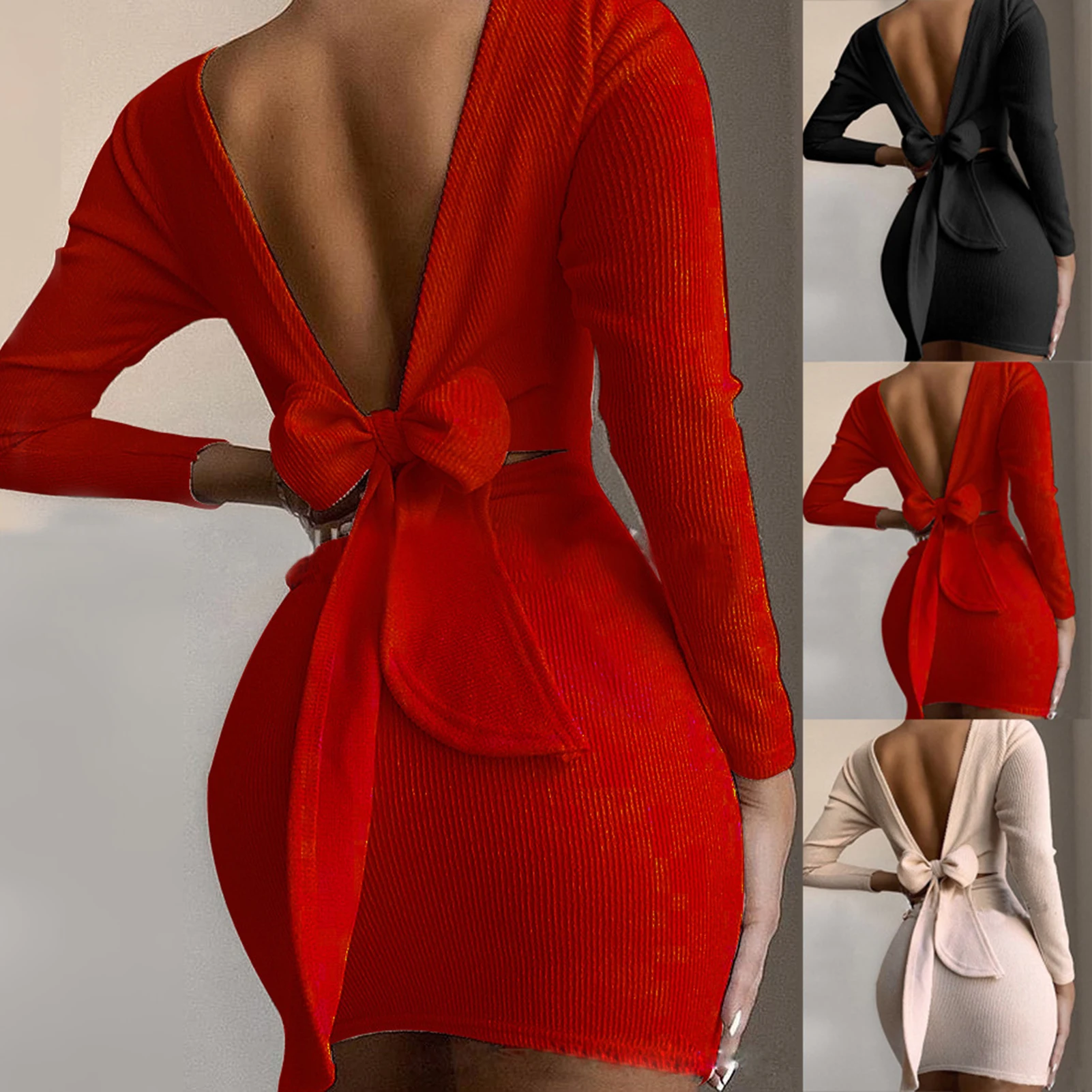 

Sexy Women Dress Solid Color Long Sleeve Backless Bowknot Knitted Mini Bodycon Dress for women 2020 new elegant Street wear