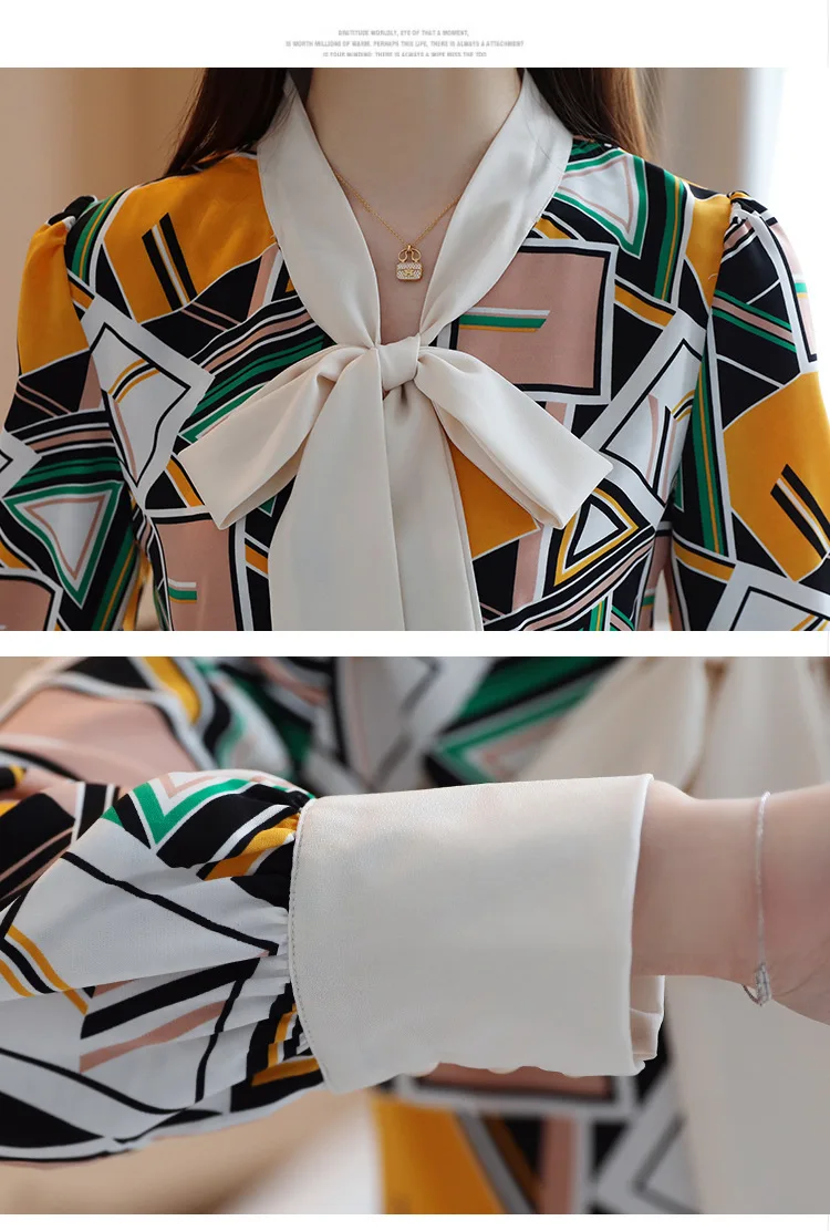 

Floral Print Chiffon Blouse Women Autumn Spring Work Bow Tie Collar Slim Shirts Office Korean Elegant Casual Shirt Blusas Mujer