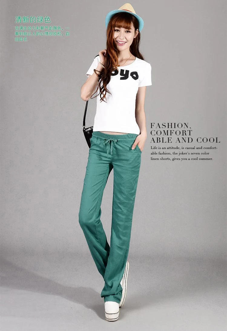 Женские прямые брюки из льна и универсальные повседневные с эластичным поясом 4